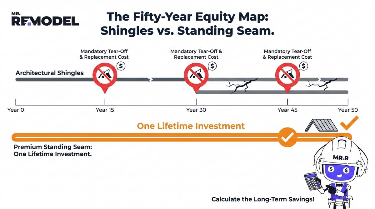 A financial lifetime ROI infographic demonstrating how a 50-year standing seam metal roof eliminates multiple asphalt shingle reroofing cycles.
